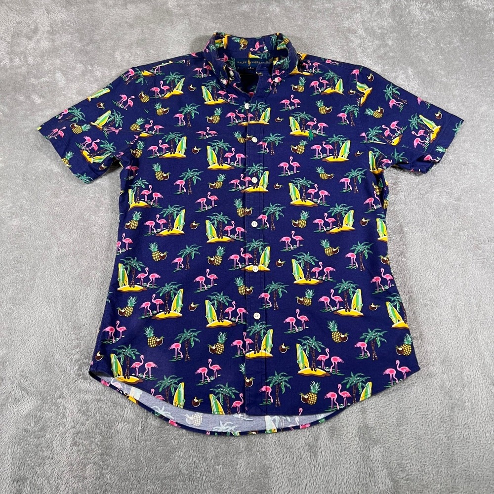 Polo Ralph Lauren Button Down Shirt Mens Medium Blue AOP Flamingo Slim‎ Fit